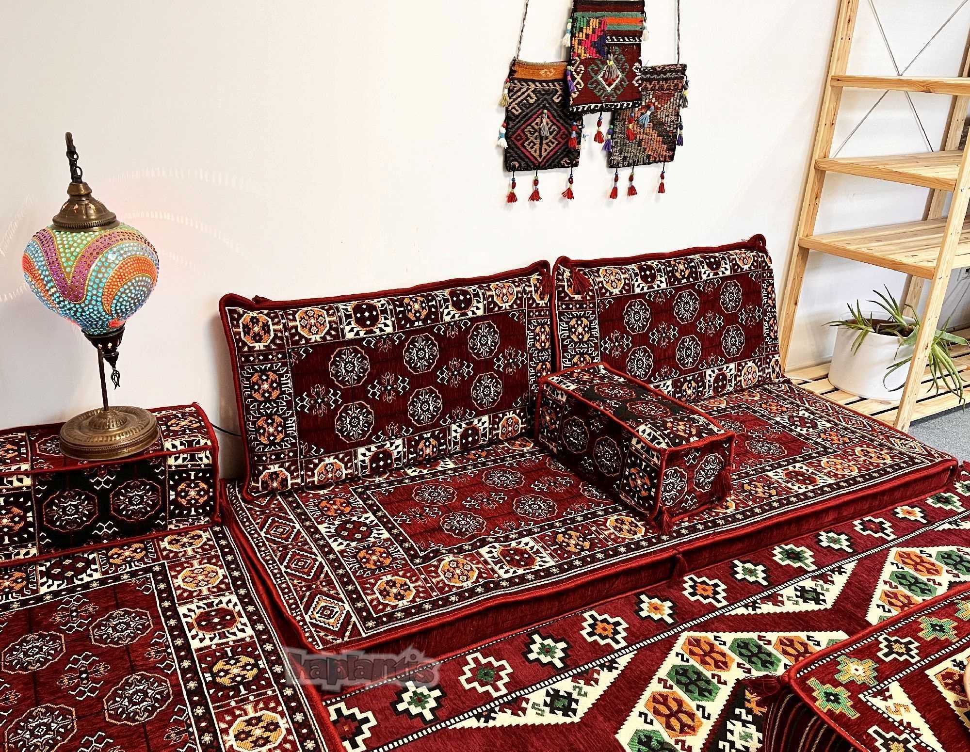 Anatolian Oriental Floor Cushion Set for Two Afghan Pattern Burgundy with 22 Density Foam Fillings