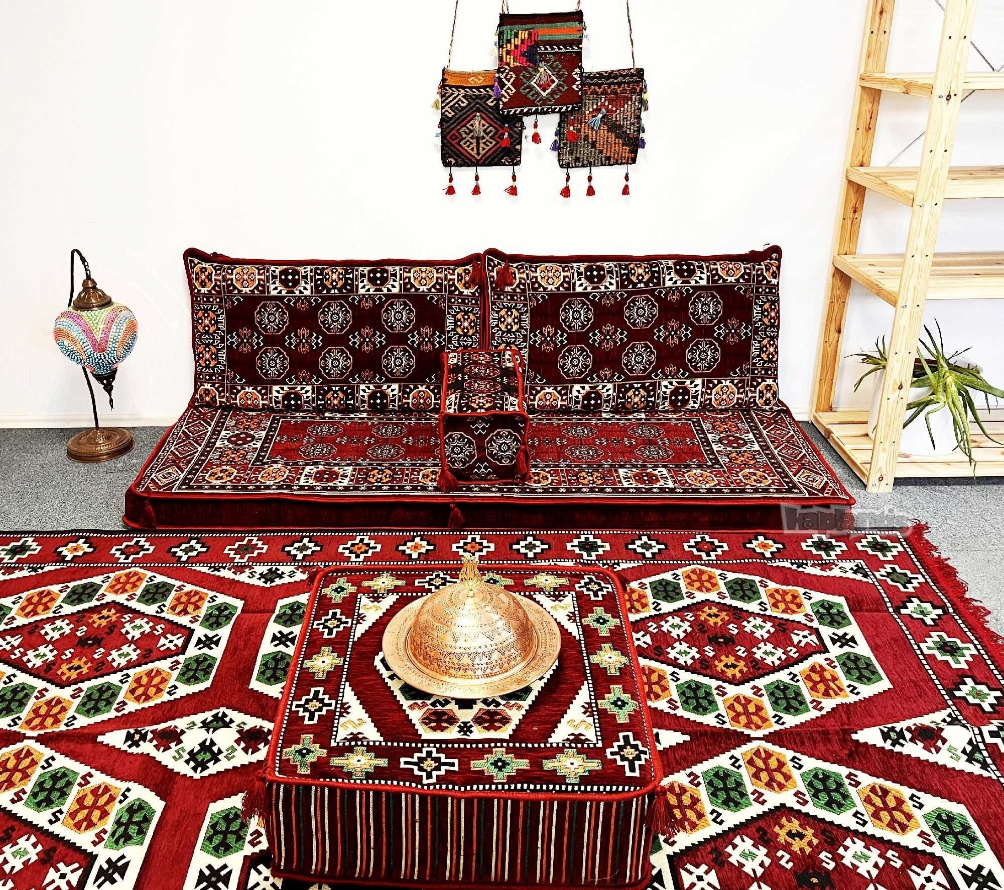 Anatolian Oriental Floor Cushion Set for Two Afghan Pattern Burgundy with 22 Density Foam Fillings