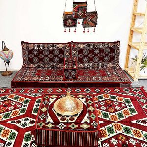 Anatolian Oriental Floor Cushion Set for Two Afghan Pattern Burgundy with 22 Density Foam Fillings