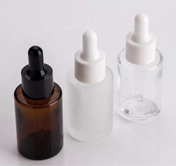 Hot selling flat shoulder round glass bottle 30ml frosted custom for essential oil eye dropper liquid foundation serum toner