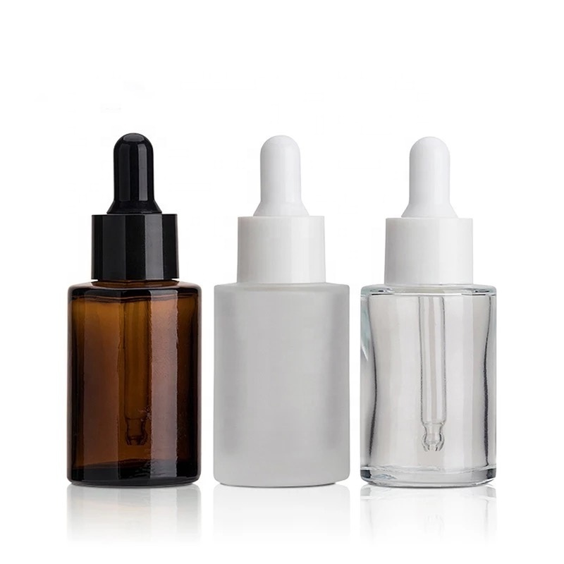 Hot selling flat shoulder round glass bottle 30ml frosted custom for essential oil eye dropper liquid foundation serum toner