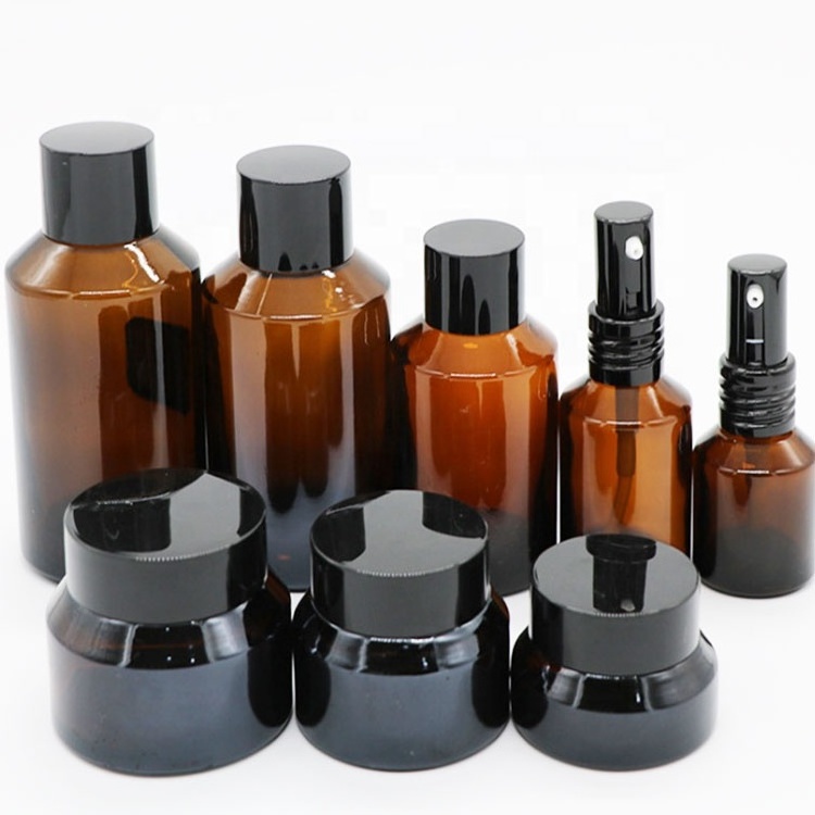 High quality   personal skincare 50ml glass cream jar amber glass spray bottle and jars of cosmetic bottle set for wholesale