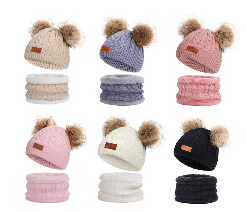 Best Sellers Baby Knitted Hat Children's Warm Knitted Winter Beanie Hats Scarf Set with Double Pom Pom