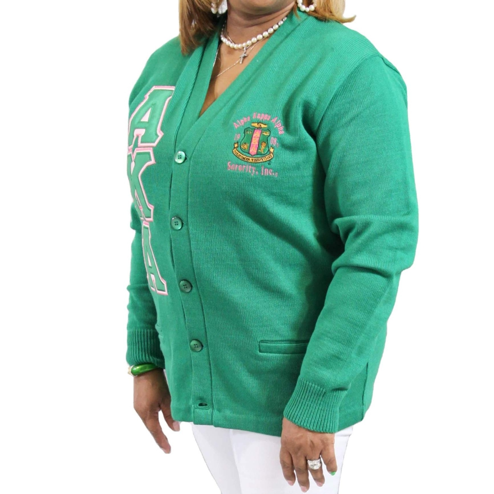 Custom Alpha KA Stitched Shield Kelly Green Pink Women Sweater Cotton Knitted Varsity Sorority Cardigans USA Oversized Sizes