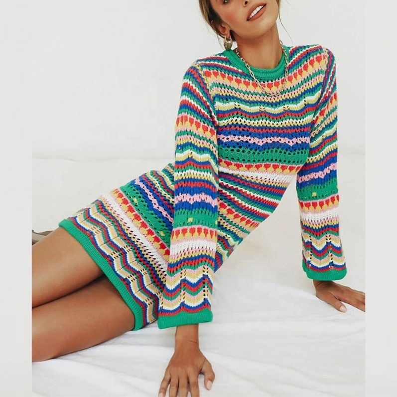 Wholesale 2024 New Summer Crochet Long Sleeve Women Sweater Dress Short Dresses Sexy Rainbow Casual Knitted Clothing