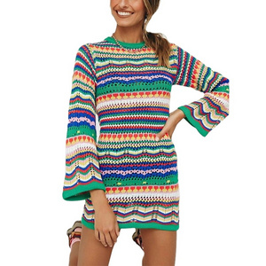 Wholesale 2024 New Summer Crochet Long Sleeve Women Sweater Dress Short Dresses Sexy Rainbow Casual Knitted Clothing