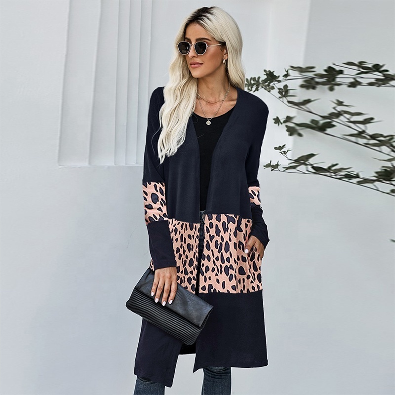 2024 New Design Loose Sweater Pocket Maxi Long Knit Cosy Leopard Women Cardigans