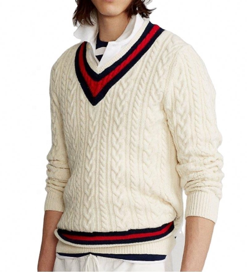 Wholesale Thick Sweater Manufacture Custom Wool Acrylic Varsity Mens Pullover Classic Cable Knit V Neck Cricket Sweaters