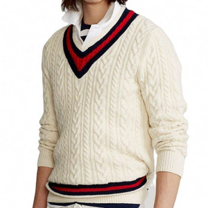 Wholesale Thick Sweater Manufacture Custom Wool Acrylic Varsity Mens Pullover Classic Cable Knit V Neck Cricket Sweaters