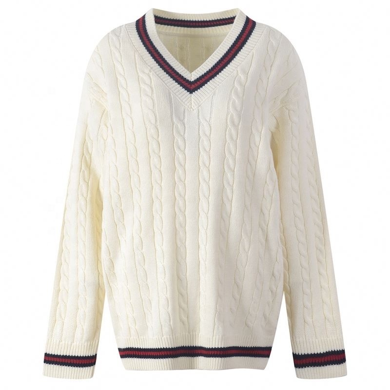 Wholesale Thick Sweater Manufacture Custom Wool Acrylic Varsity Mens Pullover Classic Cable Knit V Neck Cricket Sweaters