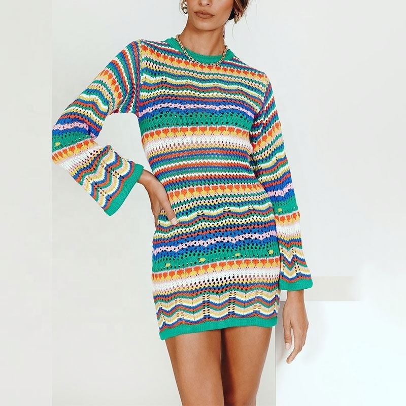 Wholesale 2024 New Summer Crochet Long Sleeve Women Sweater Dress Short Dresses Sexy Rainbow Casual Knitted Clothing