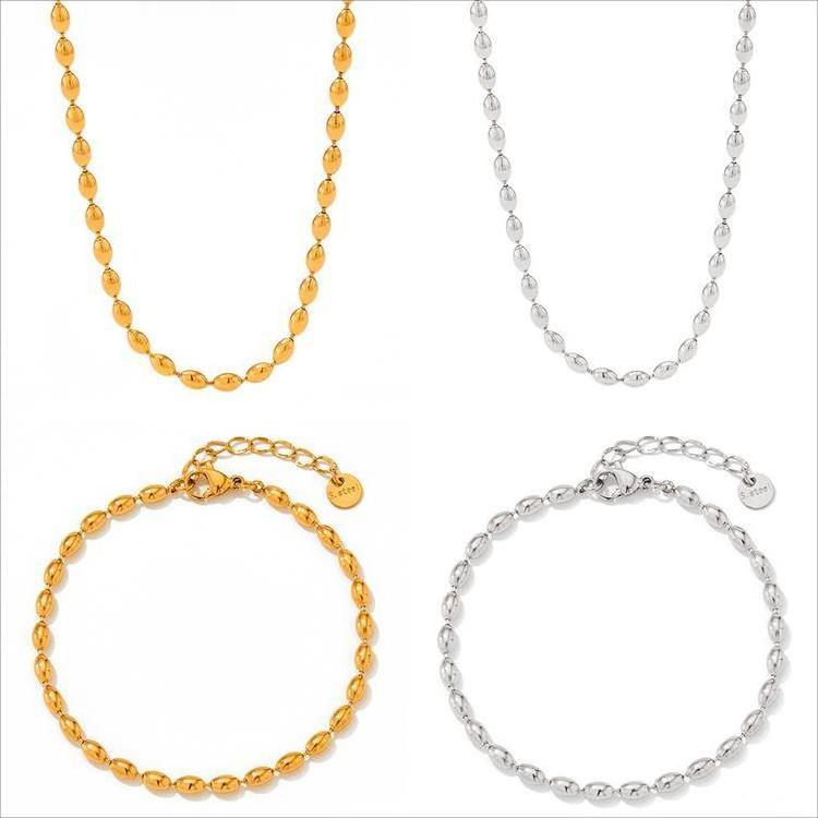 Wholesale Cheap Stainless Steel Jewelry 18k Pvd Gold Plated Oval Rice Bead Chain Women Bracelet Necklace Set Jewelry