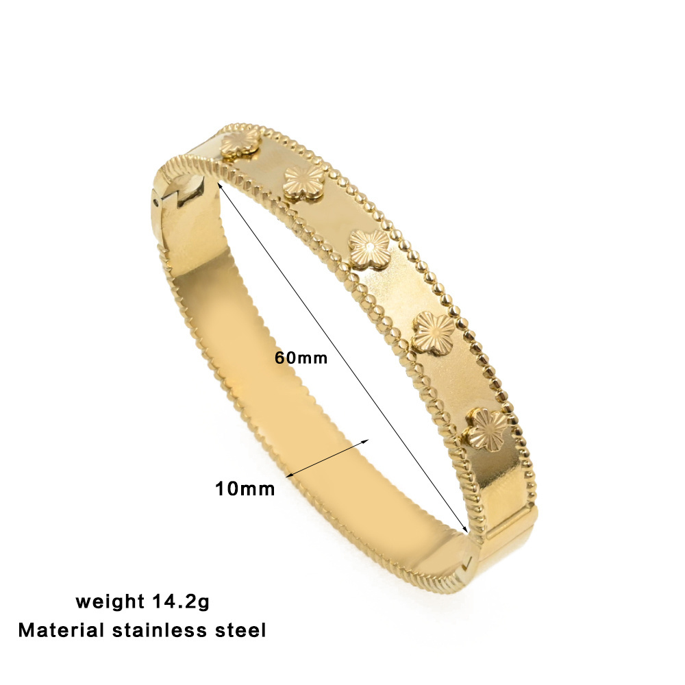 Designer Gold Plated Stainless Steel Clover Zircon Cuff Couple Bracelet Bangles Women Men Jewelry Bijoux En Acier Inoxydable