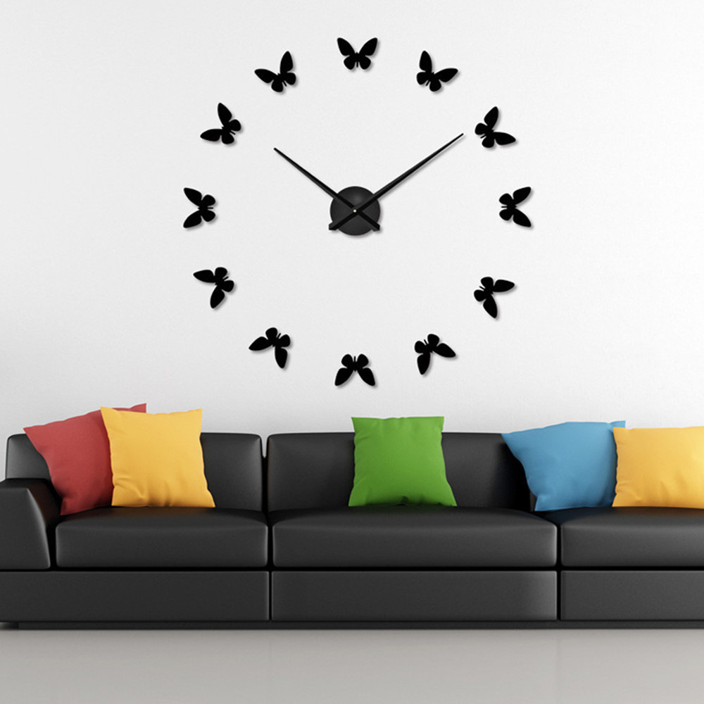 DIY Giant Wall Clock Creative Home Decor 3D Acrylic Butterfly Mirror Clock