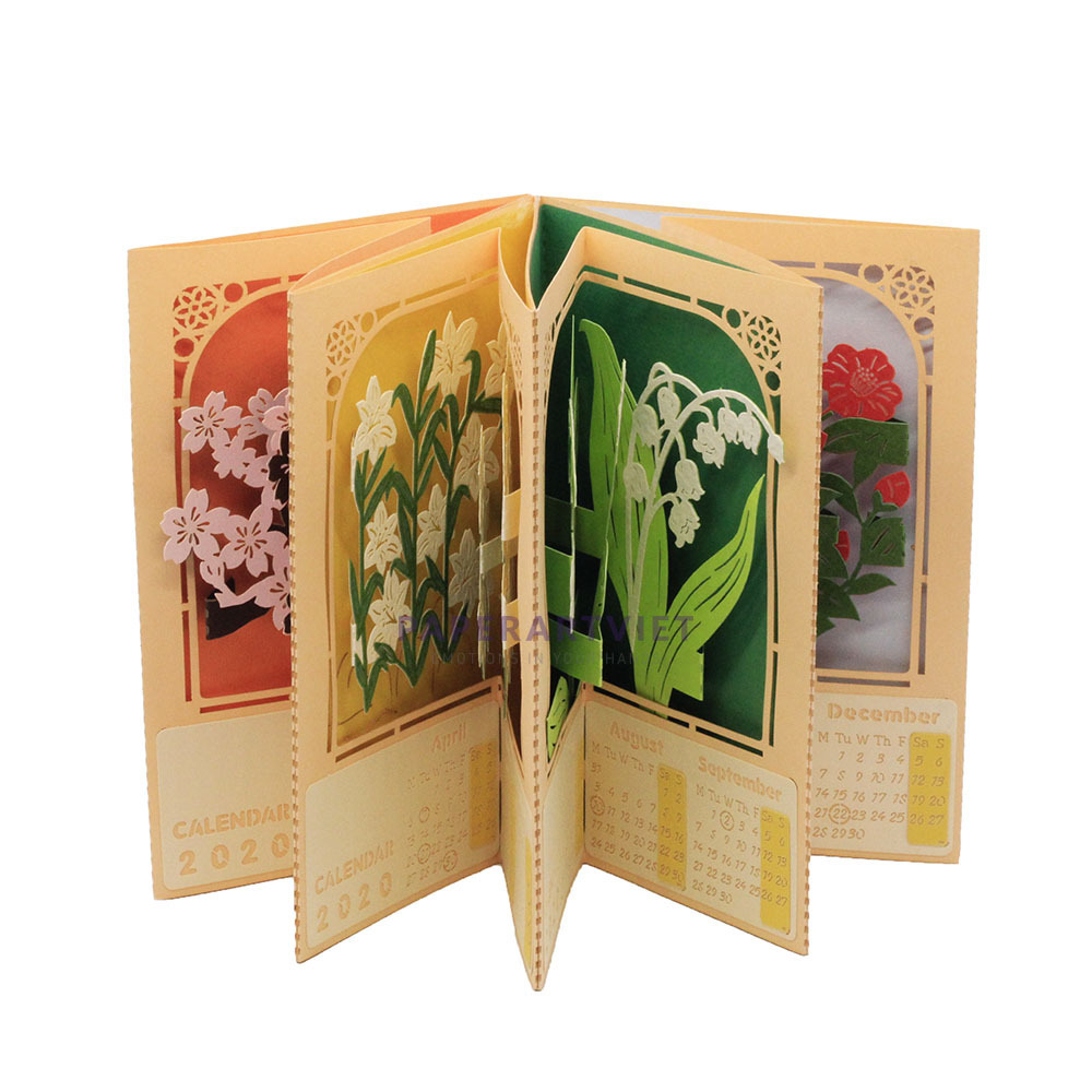 3D Handcraft 4 Seasons Flower with Laser Cutting Kirigami Handmade Paper Pop Up Calendar