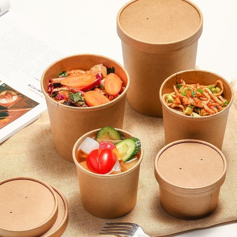 custom kraft paper bowl soup cup with lid disposable take away dessert rice salad noodle food packing box container on sale