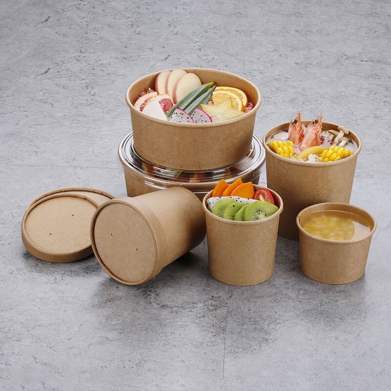 custom kraft paper bowl soup cup with lid disposable take away dessert rice salad noodle food packing box container on sale