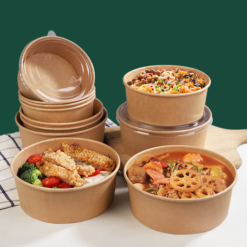 disposable custom printing food packing box container salad bowls kraft paper bowl with lid