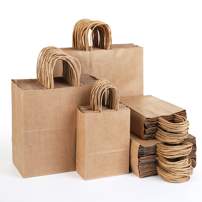 Recyclable kraft brown paper bag with rope handle your logo flat handle kraft shopping paper bag