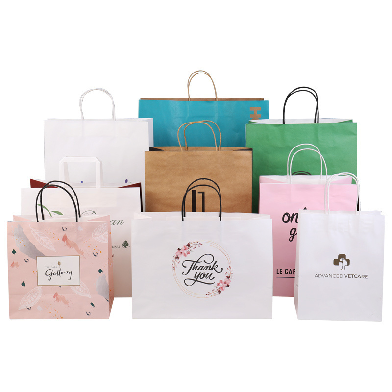 White And Brown Kraft Paper Twisted Handle Shopping Clothing Paper Bag With Logo Printed