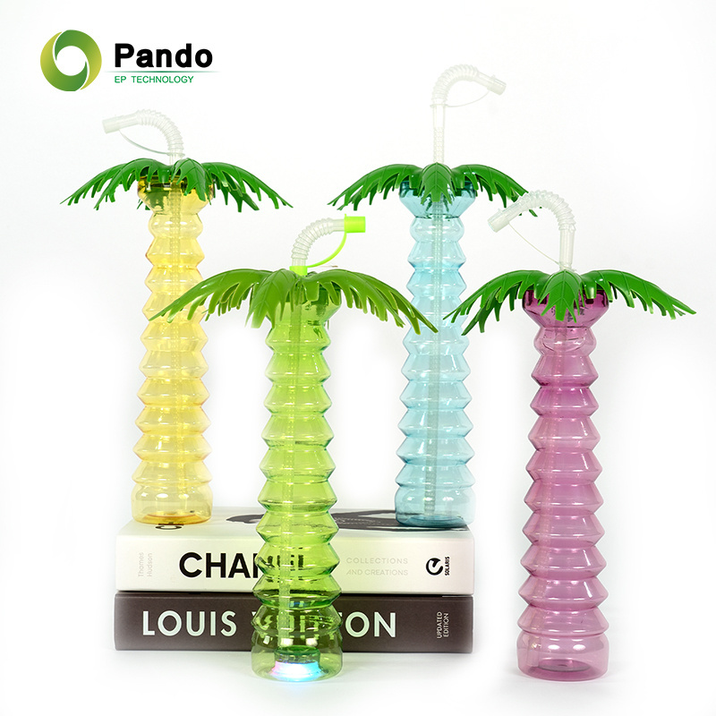 Novelty Cute Children Juice Drinking Led light Plastic Palm Tree Long Party Tall Slush Cup For Kids