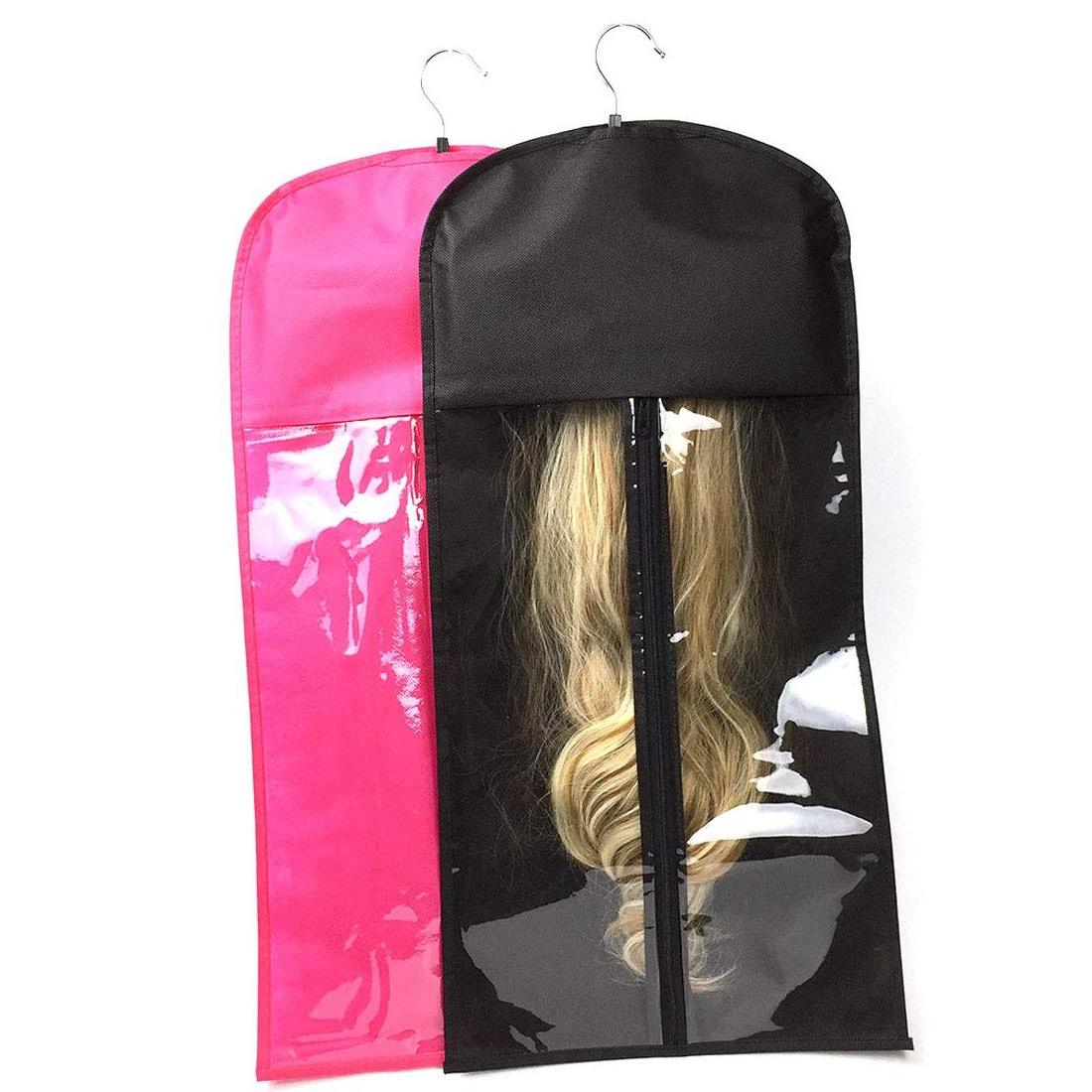 Foldable Portable Dustproof Wig Storage Bag for Hair Extension with Wooden Hanger Black