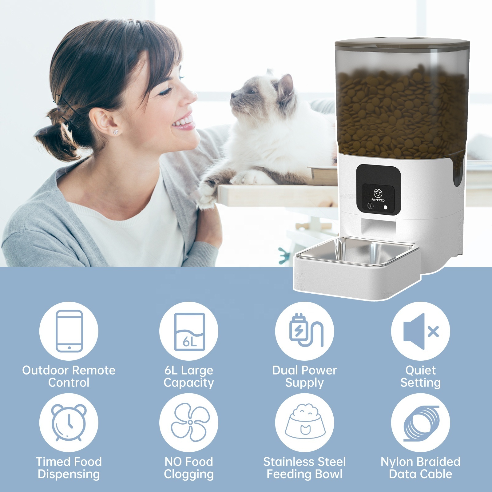 6L Automatic Cat Feeder with APP Control Auto Dry Food Dispenser with Detachable Food Bowls for Cats, Large Dogs, Multiple Pets