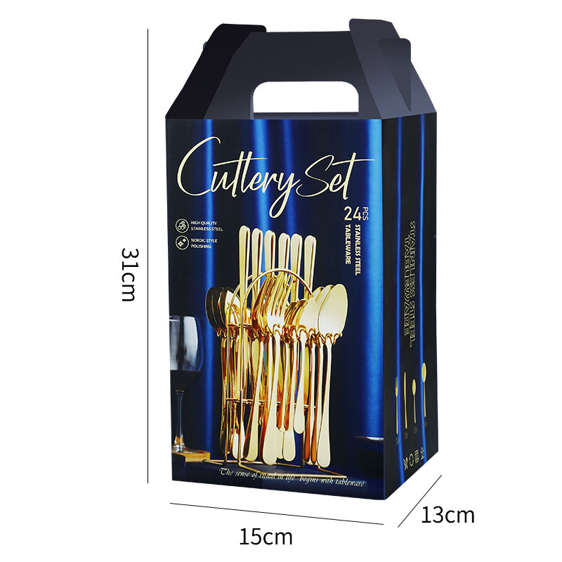 High Quality 24pcs Gift Set Gold Flatware Fork Knife Spoon Stainless Steel Cutlery Set with Box Rack