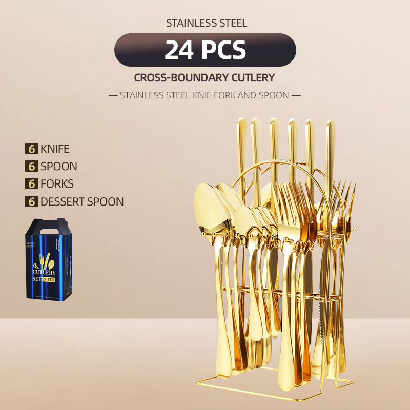 High Quality 24pcs Gift Set Gold Flatware Fork Knife Spoon Stainless Steel Cutlery Set with Box Rack