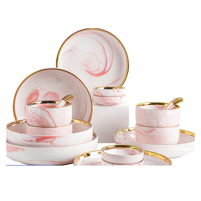 Porcelain Luxury Wedding Gold Rim Line Plated Ceramic Dinnerware Dinning Plate Bowl Marble Dinner Set