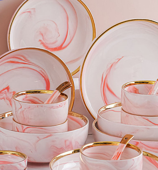 Porcelain Luxury Wedding Gold Rim Line Plated Ceramic Dinnerware Dinning Plate Bowl Marble Dinner Set