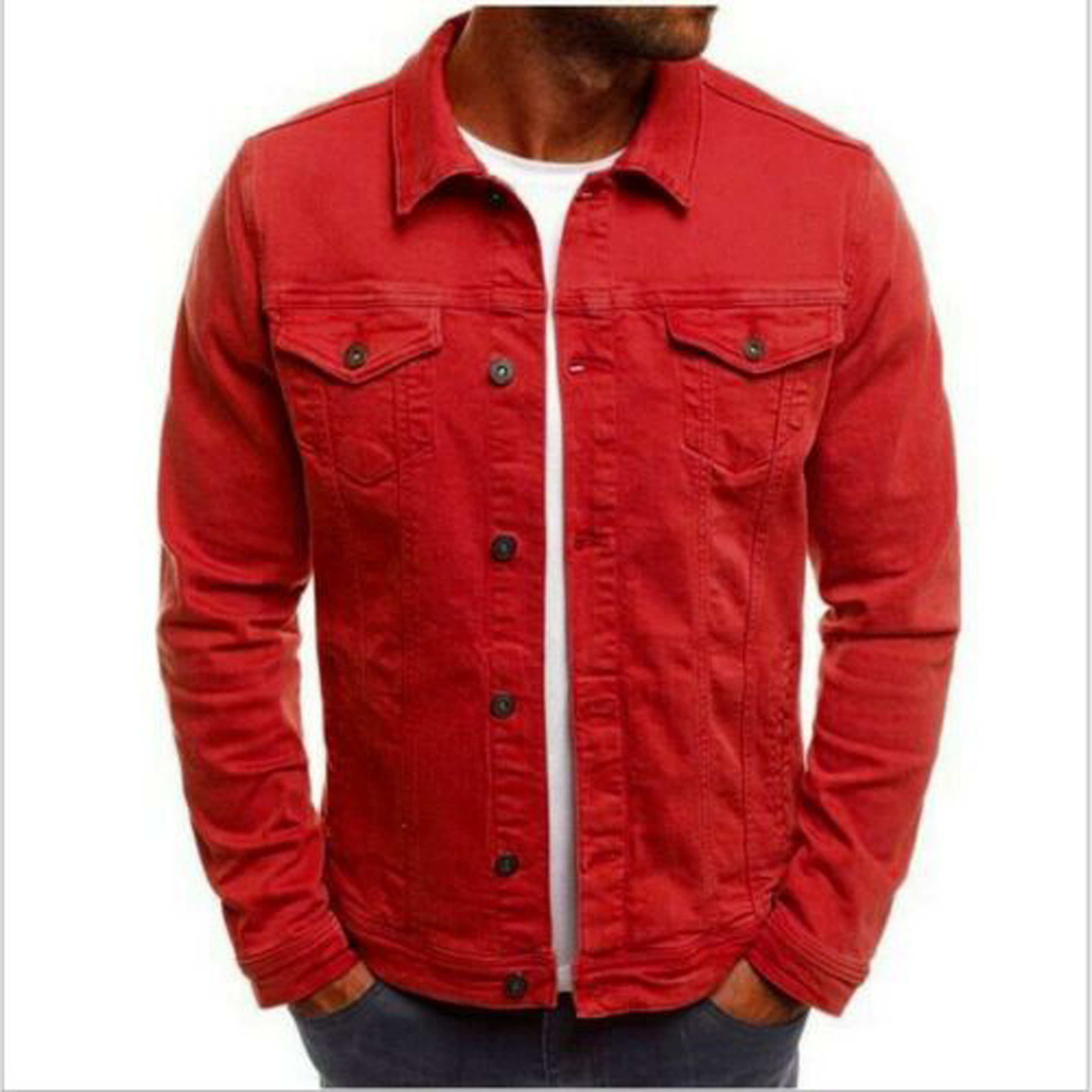 Red Color Faded Wholesale Price Custom Made Men Denim Jeans Jacket Blank/ At PARAGON APPARELS