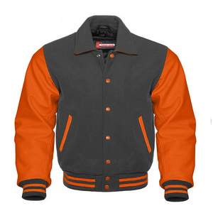 New Arrival Style High Quality OEM Baseball Jackets/Custom Patch Grey Wool & Orange Real Leather Collar Varsity Jacket