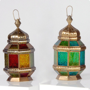 Ramadan Decoration Lanterns Set Of 2 Customized Shape Metal and Glass Tabletop Antique Candle Lantern For Sale