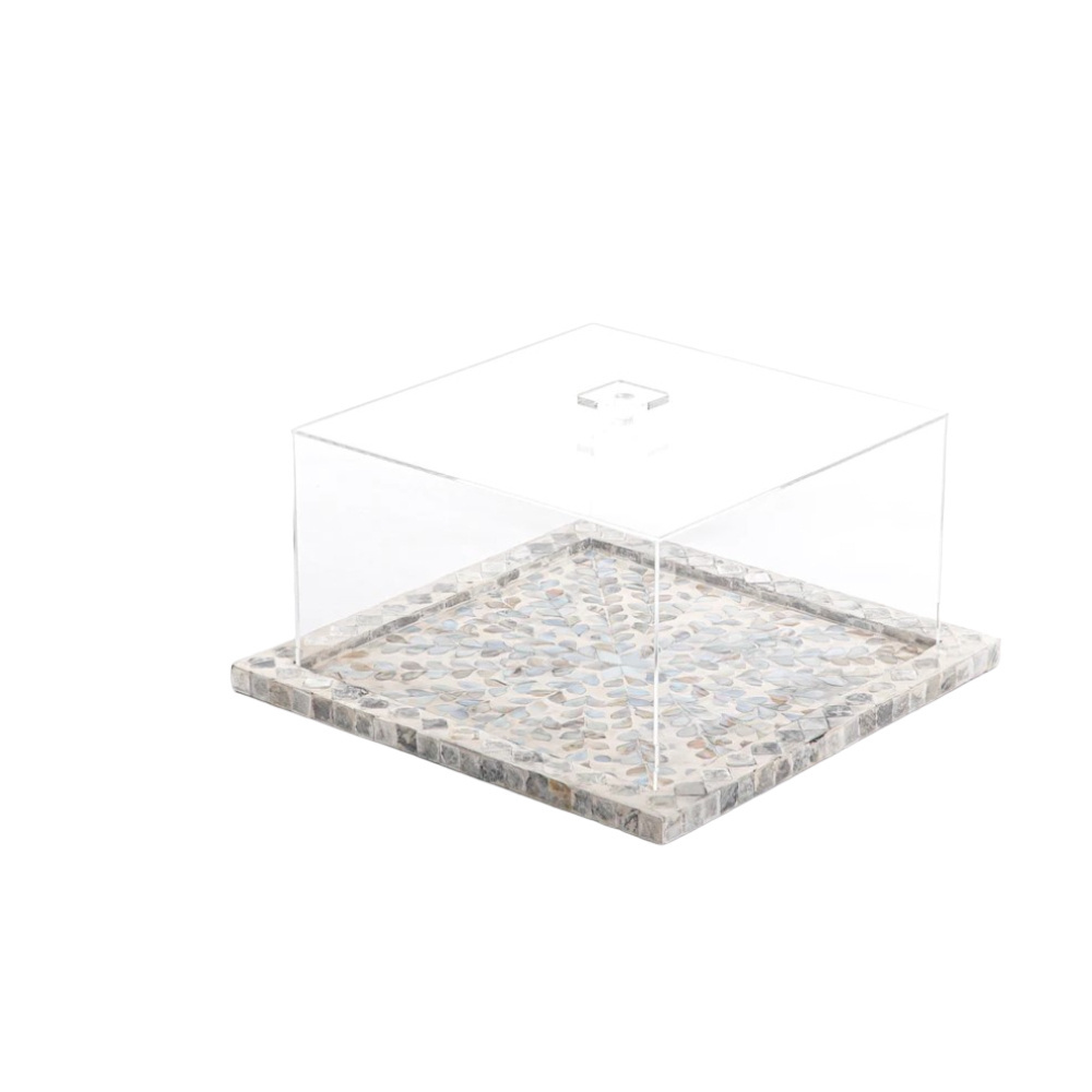 Square Mother Of Pearl Chocolate Serving Trays With Acrylic Lids Bone Inlay Square Shape Wooden Dessert Fruit Trays