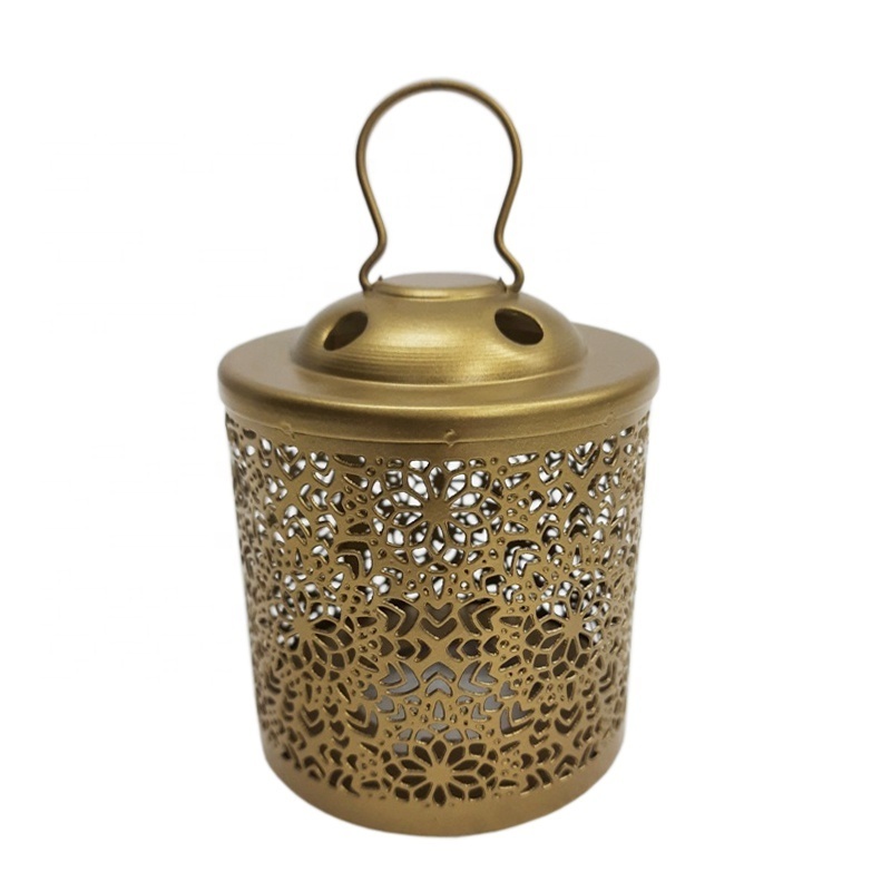 Wholesale Bulk Iron Metal Moroccan Hanging Lantern With T Lite Rich Gold Small Size Candle Votive For Wedding