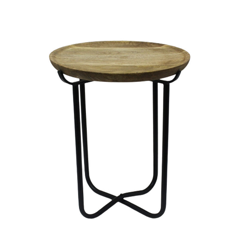 Round Centre Table Plate on Iron Frame Folding Natural Wood Matt Black Folding Indoor Restaurant Accents Living Room Furniture