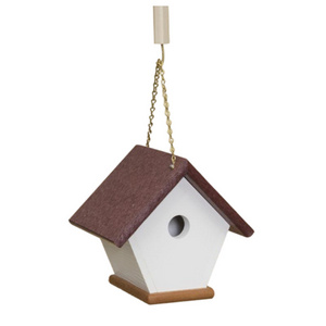 Handmade Hanging Bird Cage Wooden Hut Shape Bird House with Metal Chain for Garden Decorative Bird Feeder White & Brown Colour