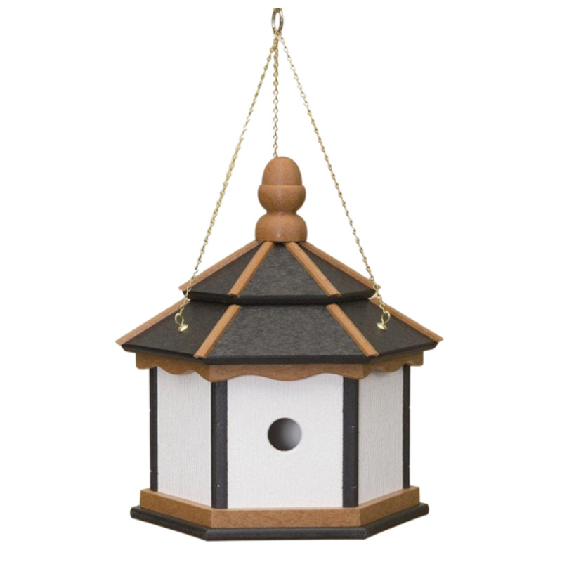 Handmade Hanging Bird Cage Wooden Hut Shape Bird House with Metal Chain for Garden Decorative Bird Feeder White & Brown Colour