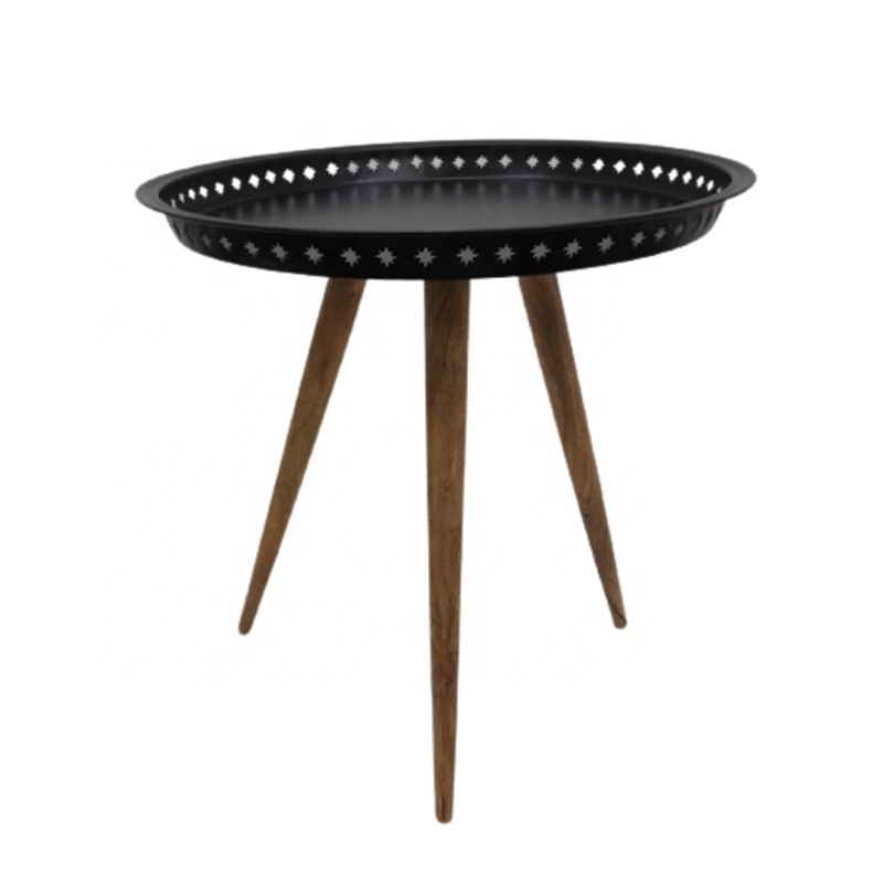 Round Side Table Iron Serving Plate Black on 3 Wood Legs Natural Colour Living Room Customized Furniture Craft Man Ship