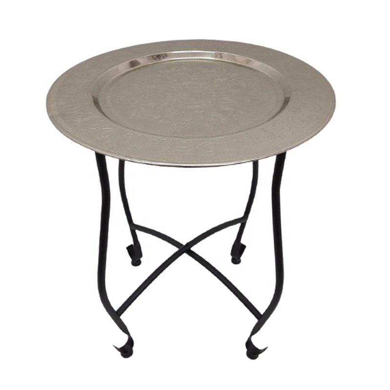 Round Side Table Iron Serving Plate Black on 3 Wood Legs Natural Colour Living Room Customized Furniture Craft Man Ship