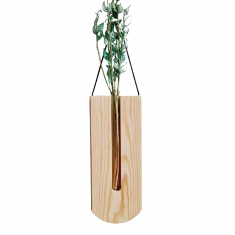 Modern Vintage Wall Hanging Vase Wooden Black Colour Hydroponic Wall Mounted Plant Hangers Transparent Glass Tube Flower Pots