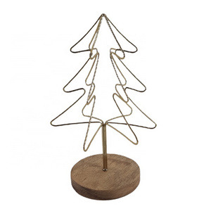 Iron & Wood Christmas Decorative Luxury Metal Wire X-Mas Tree With Round Base Brass Plating Latest Style For Table Top Decor