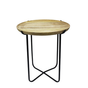 Round Centre Table Plate on Iron Frame Folding Natural Wood Matt Black Folding Indoor Restaurant Accents Living Room Furniture