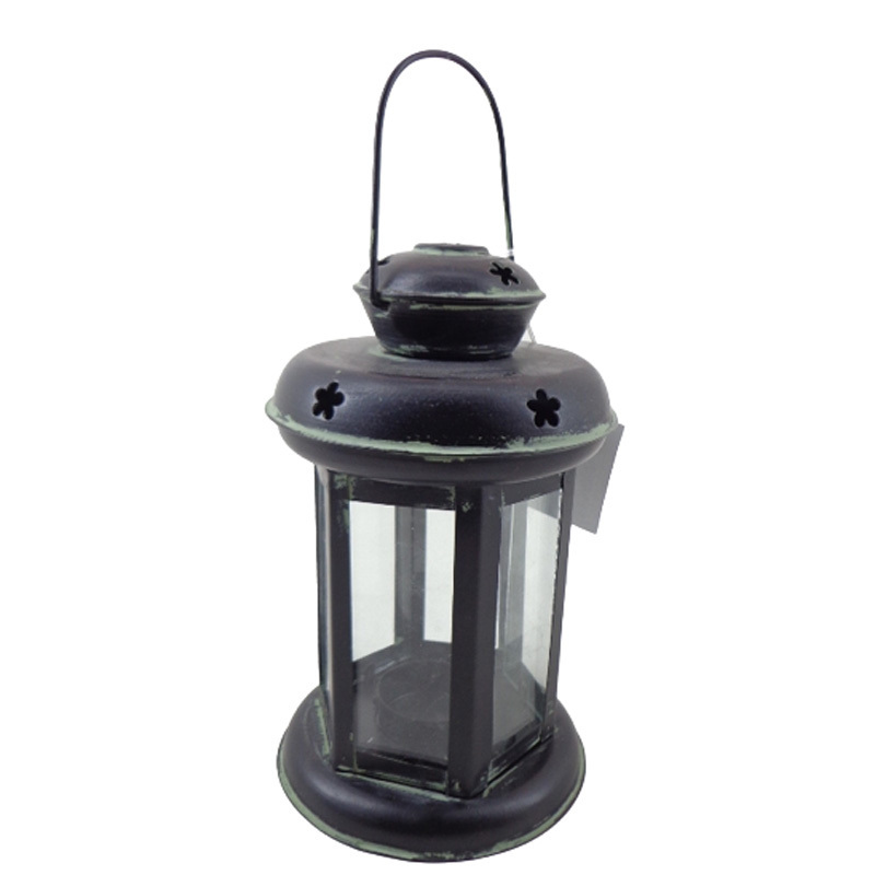 Christmas Decorative Metal & Glass hanging Lantern Grey Patina Standard Size Candle Holder For Tabletop Decor In Bulk