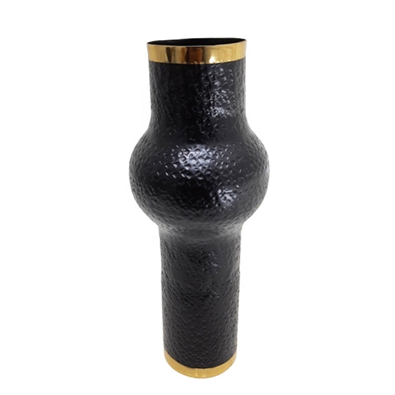 Wholesale Bulk Table Top Decoration Aluminum Flower Vase With Hammered Gold & Black Colour Large Size Glass