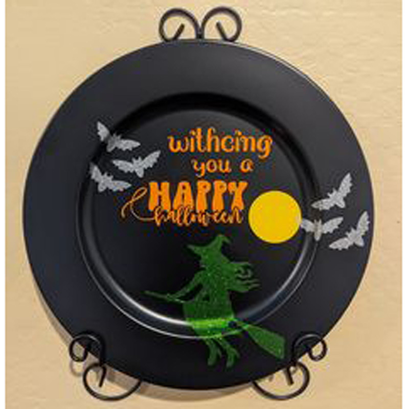 Stylish Round Shape Metal Wall Plate Witch Carrying Broom Halloween Green Black Sticker Accent Decorations Jar Moon