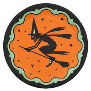 Premium Round Shaped Metal Wall Plate Black & Orange Spooky Design Witches Stars Centre Sticker Pumpkins Artisans