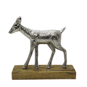 Aluminum & Wood Reindeer With Rectangle Base Silver & Natural Color Decorative Sculpture For Table Top & Christmas Decoration