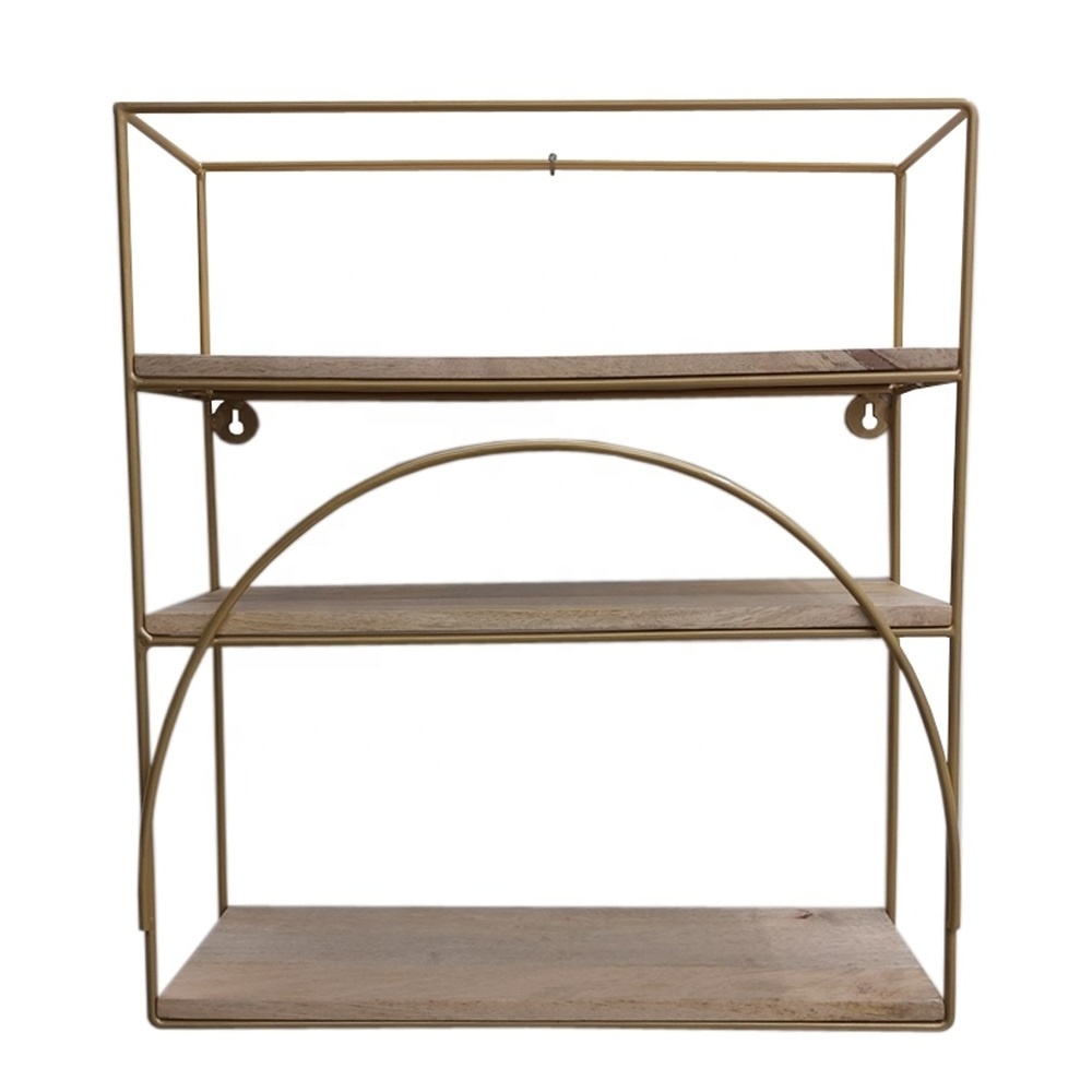 New Arrival Wall Decorative Iron & Wood Shelve 3 Tier Gold And Natural Colour New  Style Rack For Storage Handmade